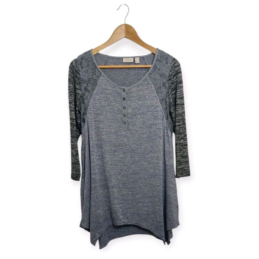 logo by lori goldstein Women's Size XS Tunic Shirt Oversized Top Gray Blue